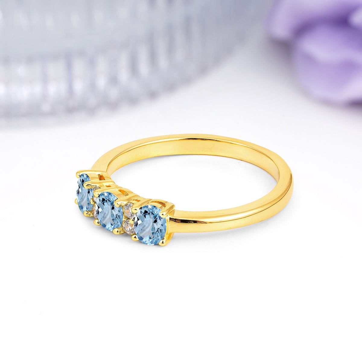 Unique Luxury 4 Prong Oval Cut Aquamarine Three stones Wedding Ring - Additional view