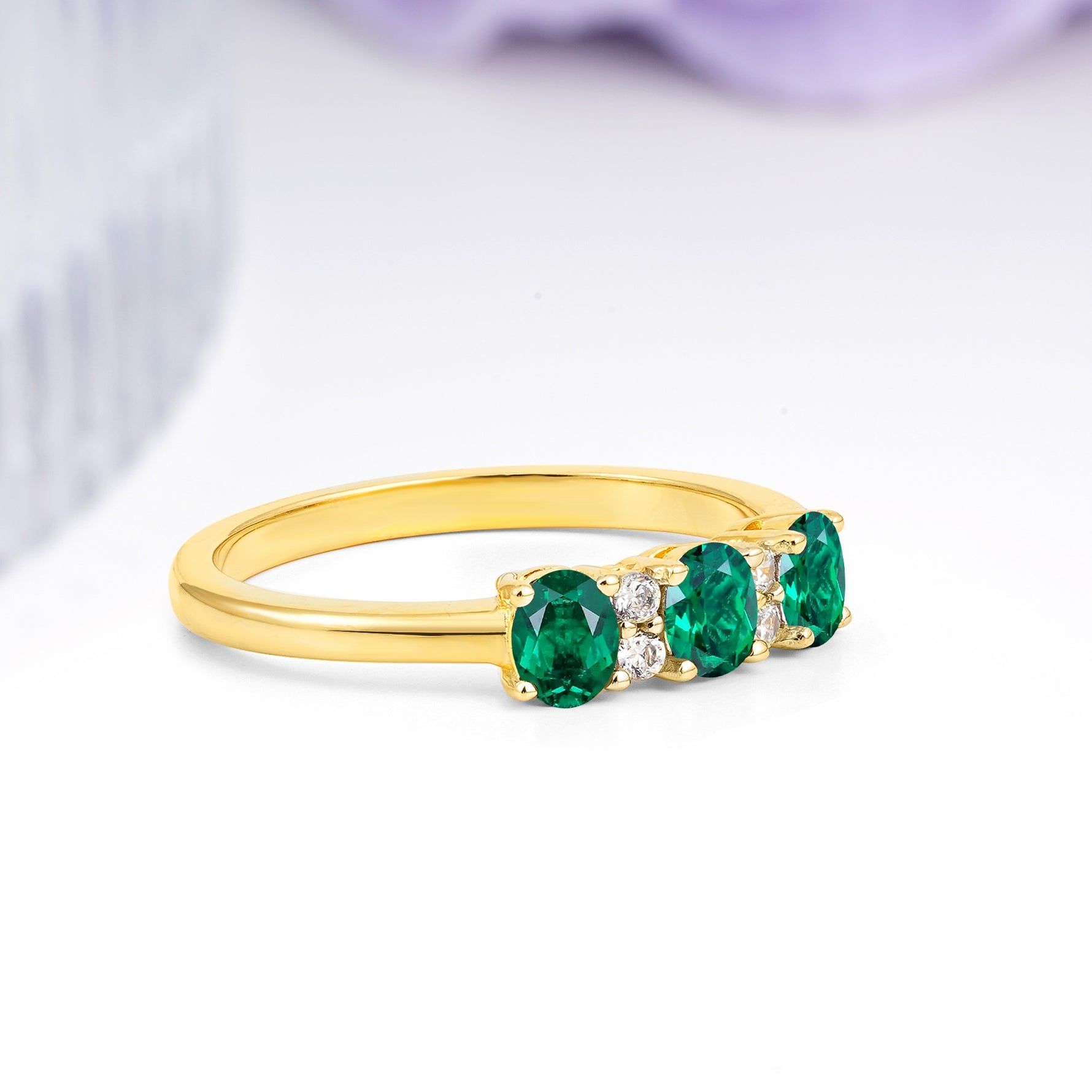Unique Luxury 4 Prong Oval Cut Emerald Three stones Wedding Ring - Additional view