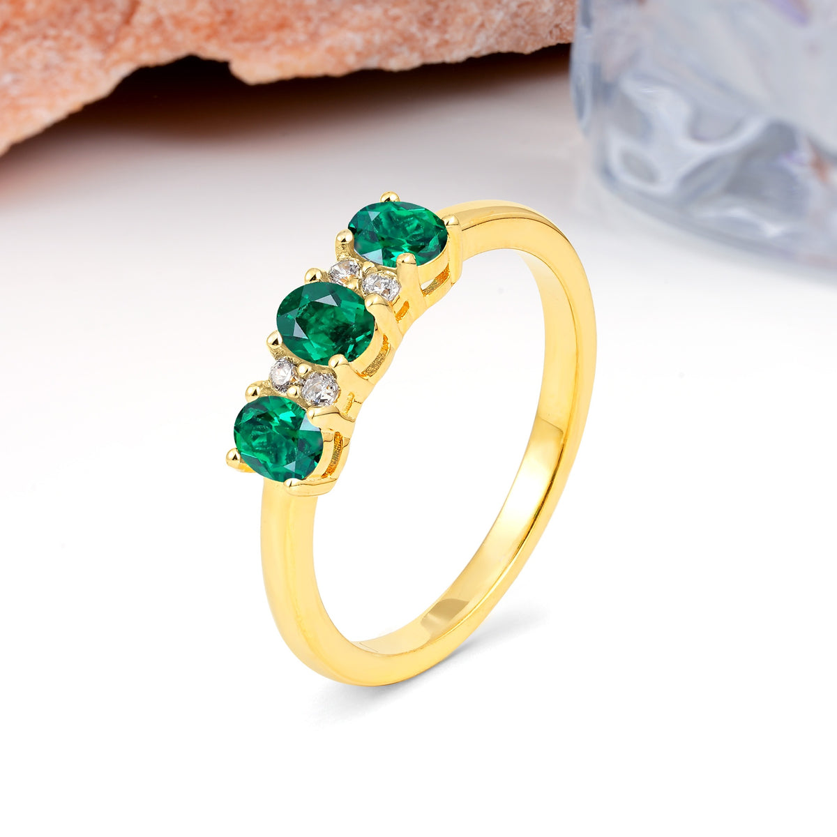 Unique Luxury 4 Prong Oval Cut Emerald Three stones Wedding Ring - Additional view