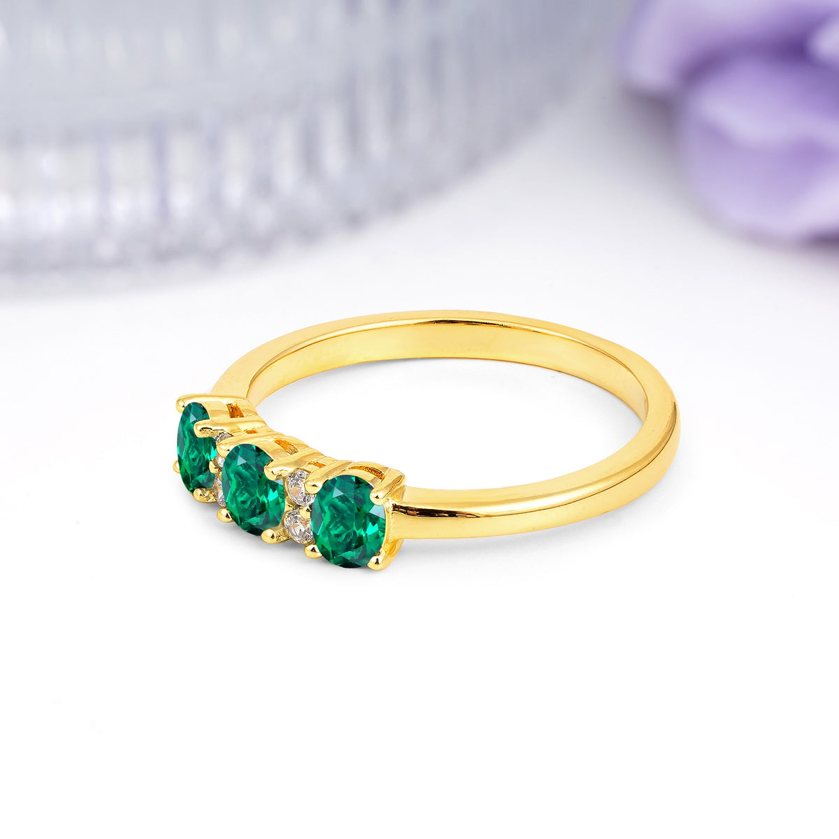 Unique Luxury 4 Prong Oval Cut Emerald Three stones Wedding Ring - Additional view