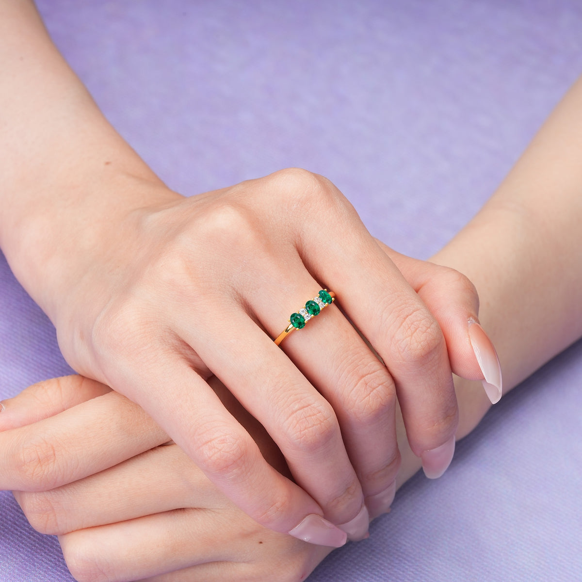 Unique Luxury 4 Prong Oval Cut Emerald Three stones Wedding Ring - Additional view