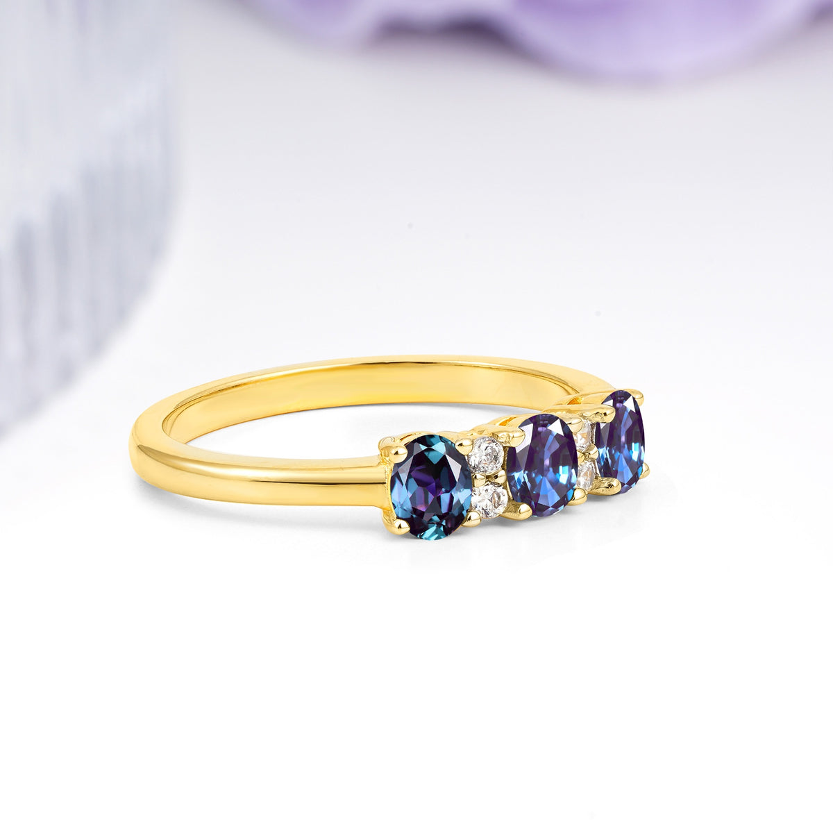 Unique Luxury 4 Prong Oval Cut Alexandrite Three stones Wedding Ring - Additional view