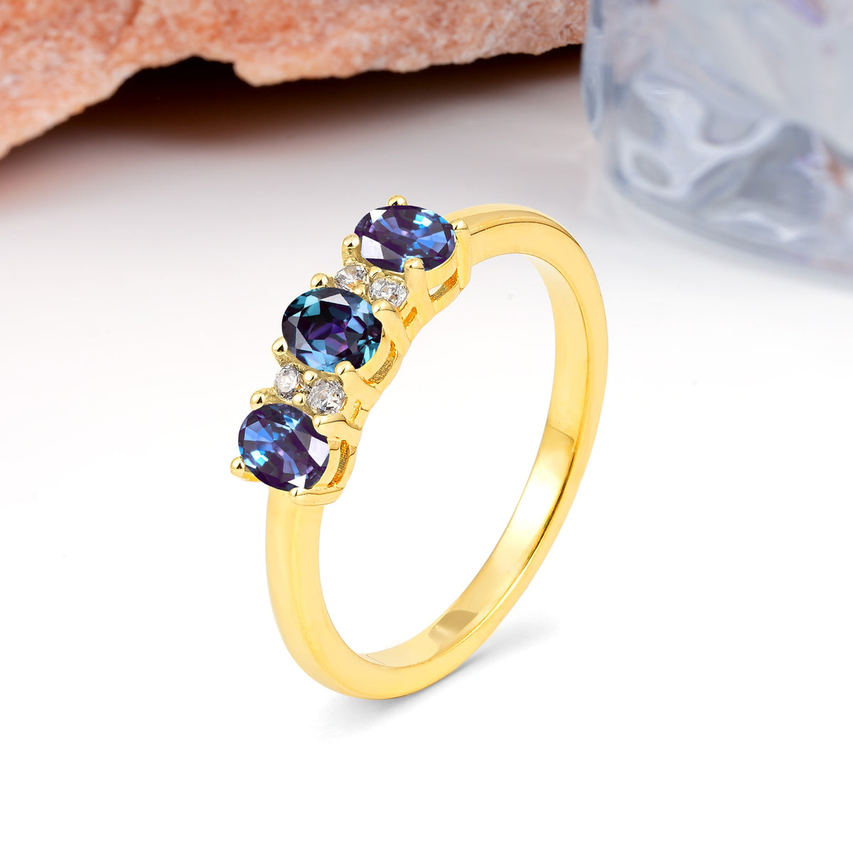 Unique Luxury 4 Prong Oval Cut Alexandrite Three stones Wedding Ring - Additional view