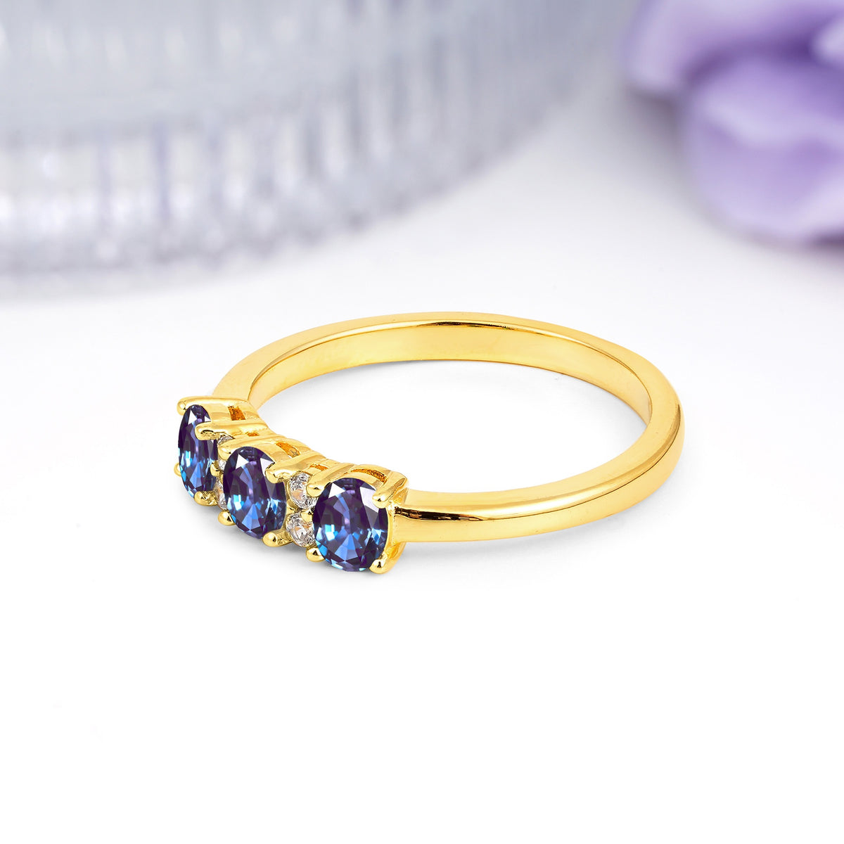 Unique Luxury 4 Prong Oval Cut Alexandrite Three stones Wedding Ring - Additional view