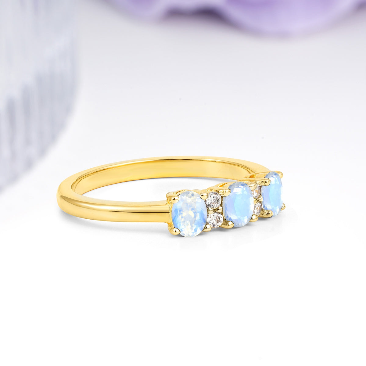 Unique Luxury 4 Prong Oval Cut Moonstone Three stones Wedding Ring - Additional view