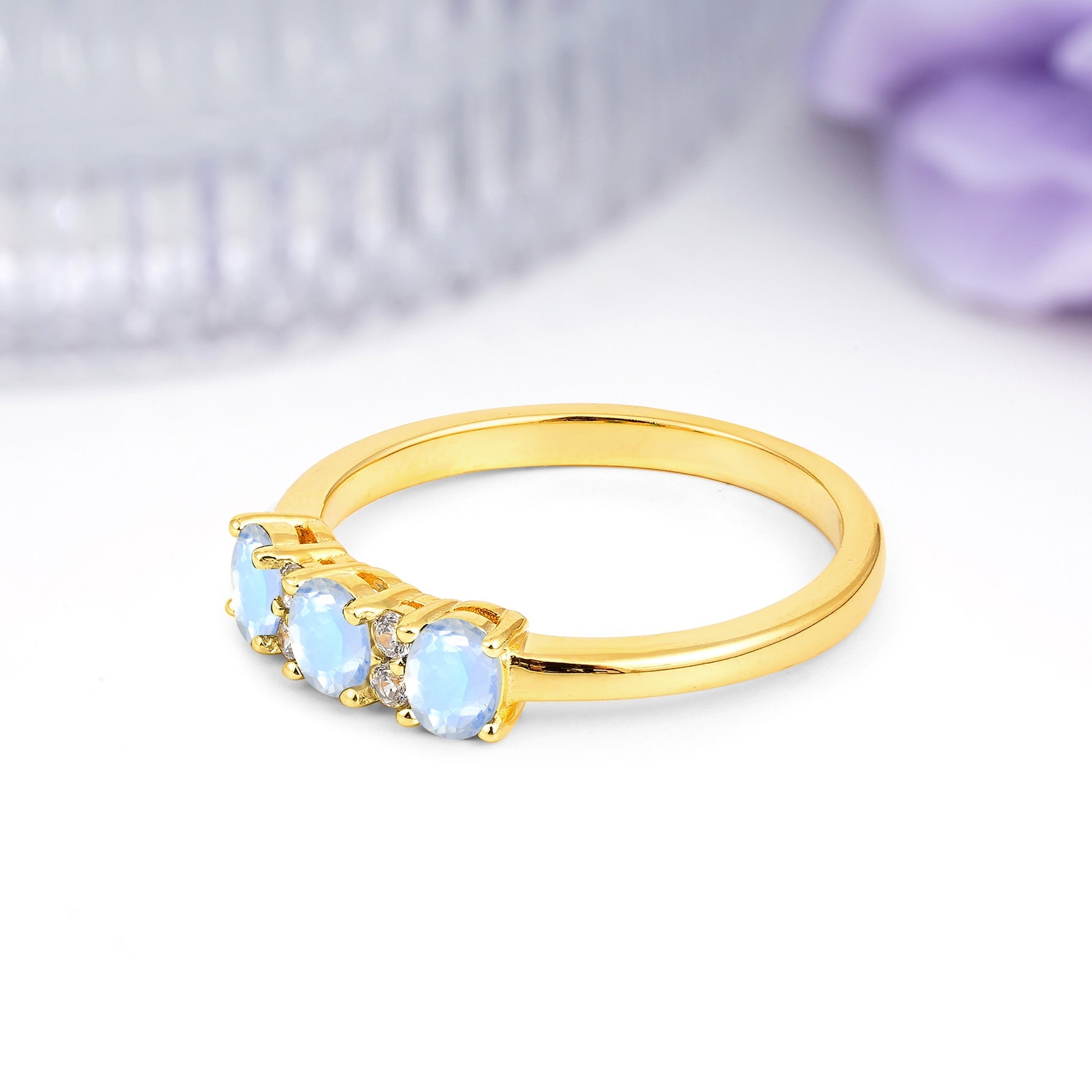 Unique Luxury 4 Prong Oval Cut Moonstone Three stones Wedding Ring - Additional view