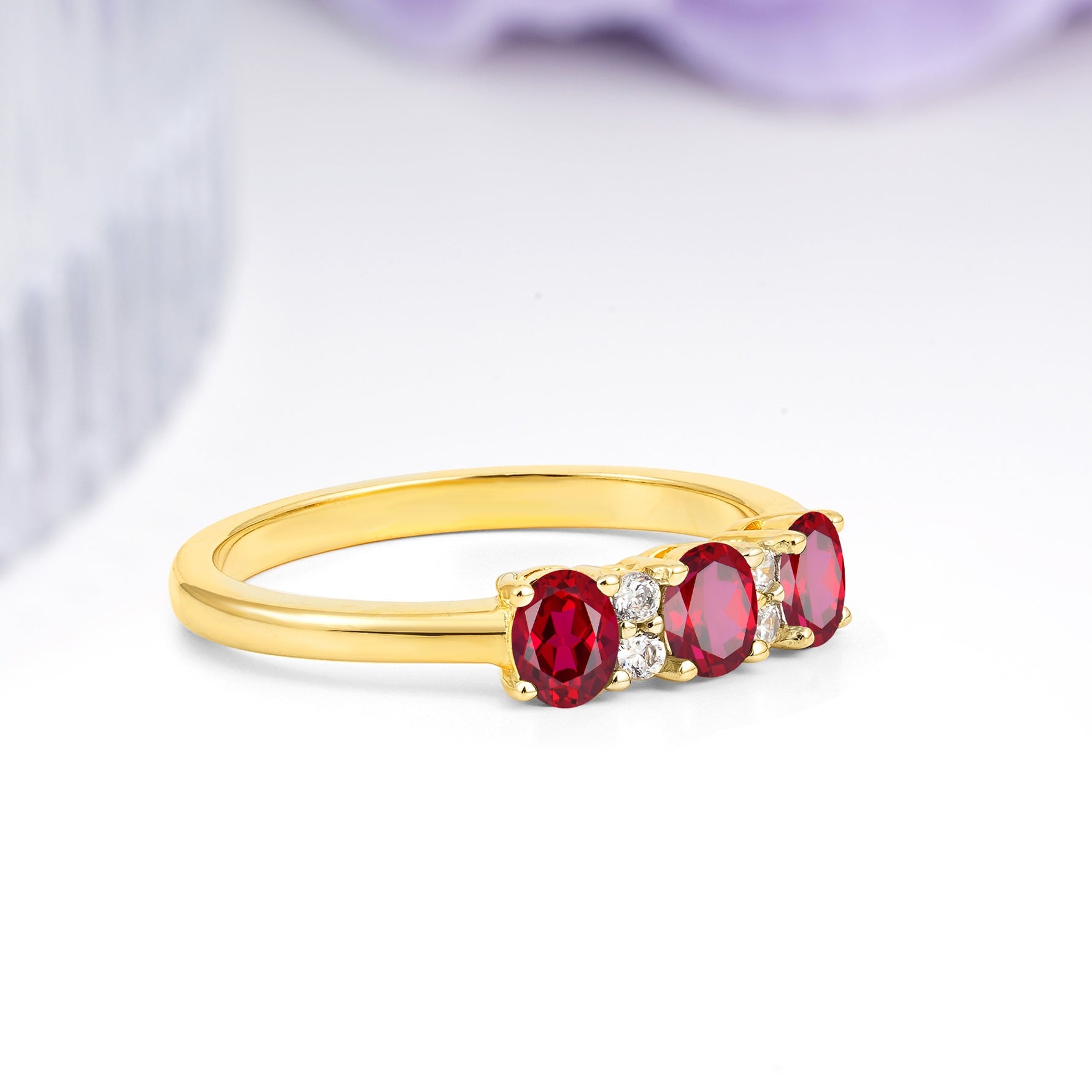 Unique Luxury 4 Prong Oval Cut Ruby Three stones Wedding Ring - Additional view