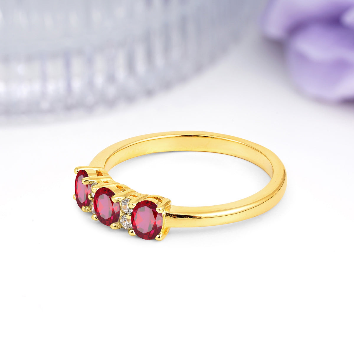 Unique Luxury 4 Prong Oval Cut Ruby Three stones Wedding Ring - Additional view