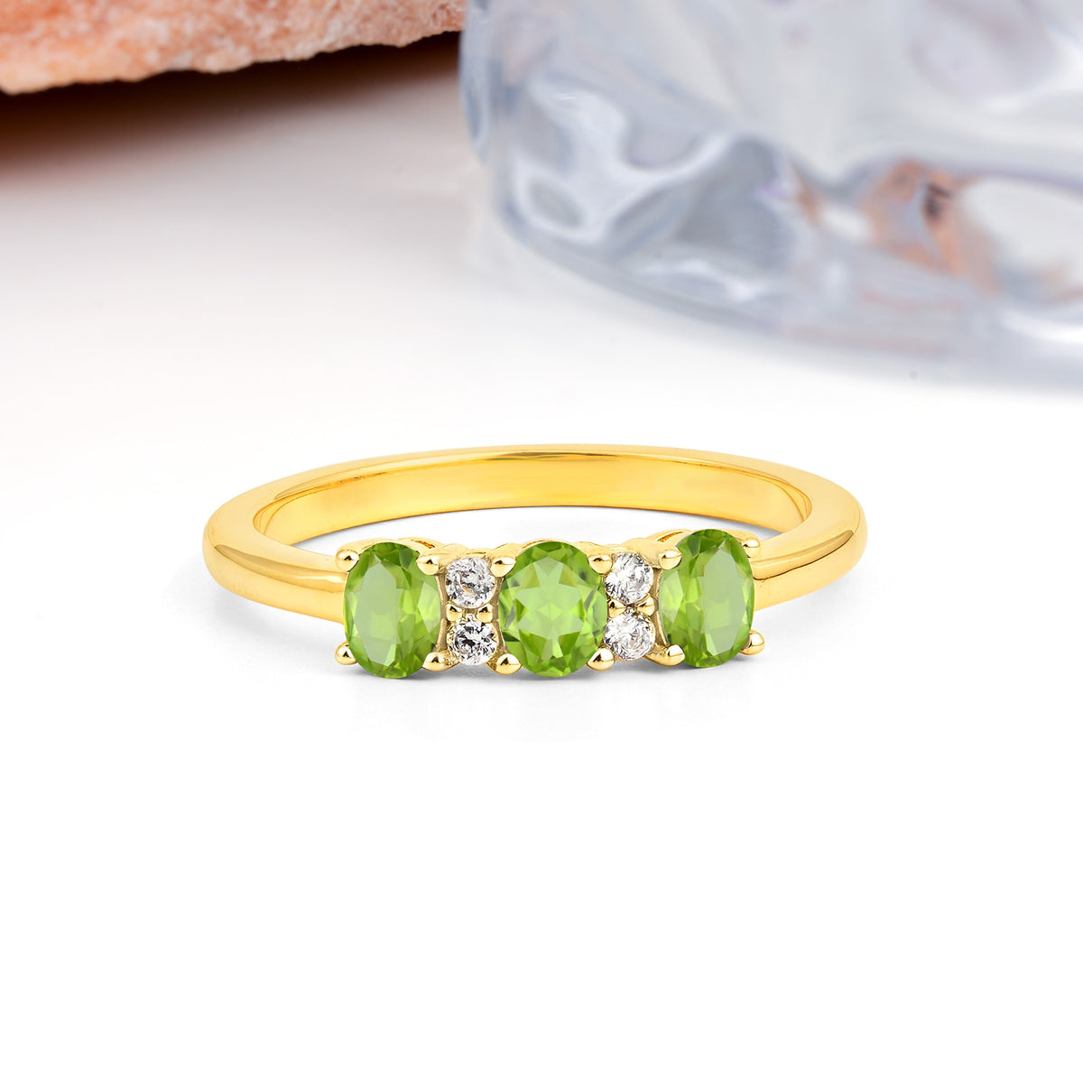 Unique Luxury 4 Prong Oval Cut Peridot Three stones Wedding Ring - Additional view