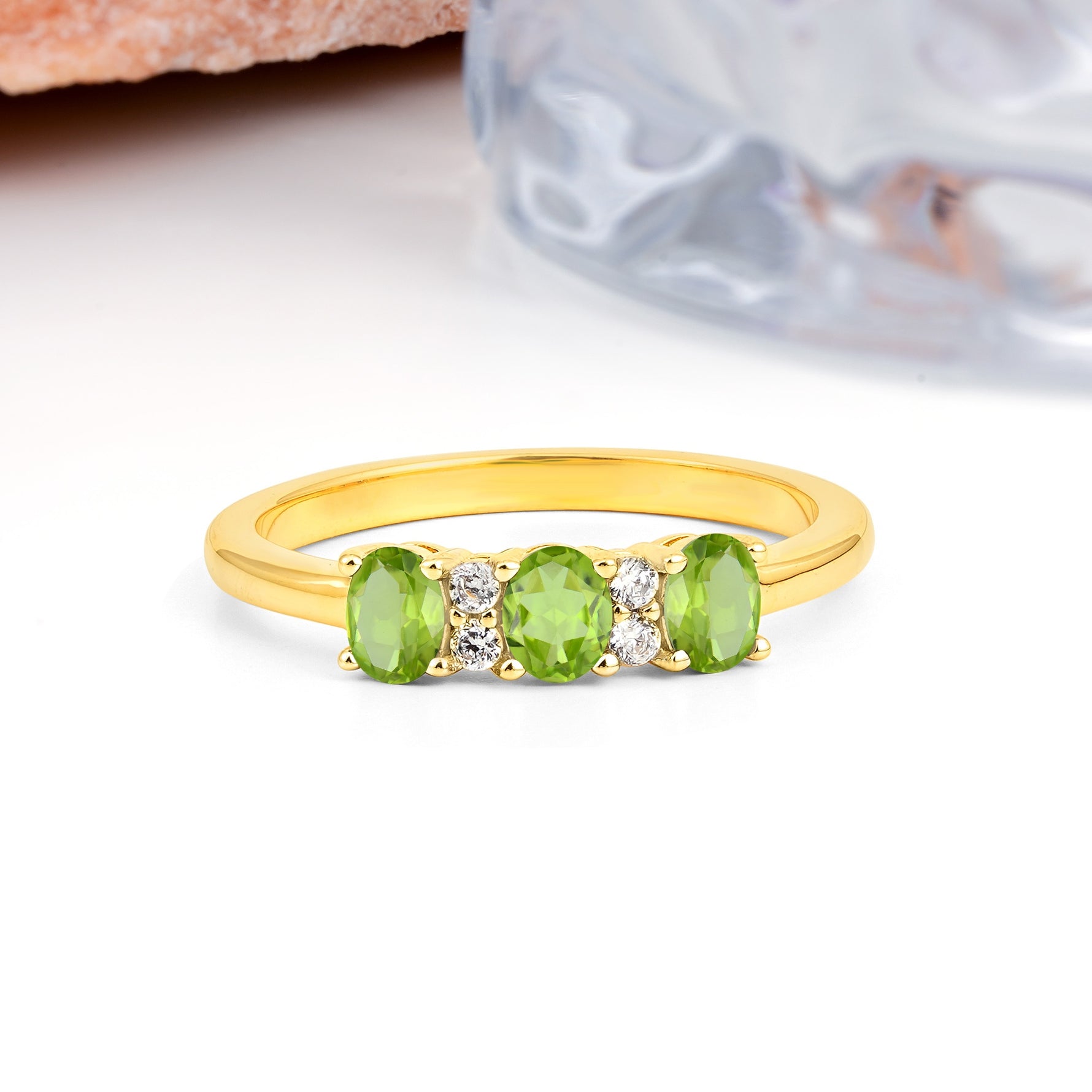 Unique Luxury 4 Prong Oval Cut Peridot Three stones Wedding Ring - Additional view