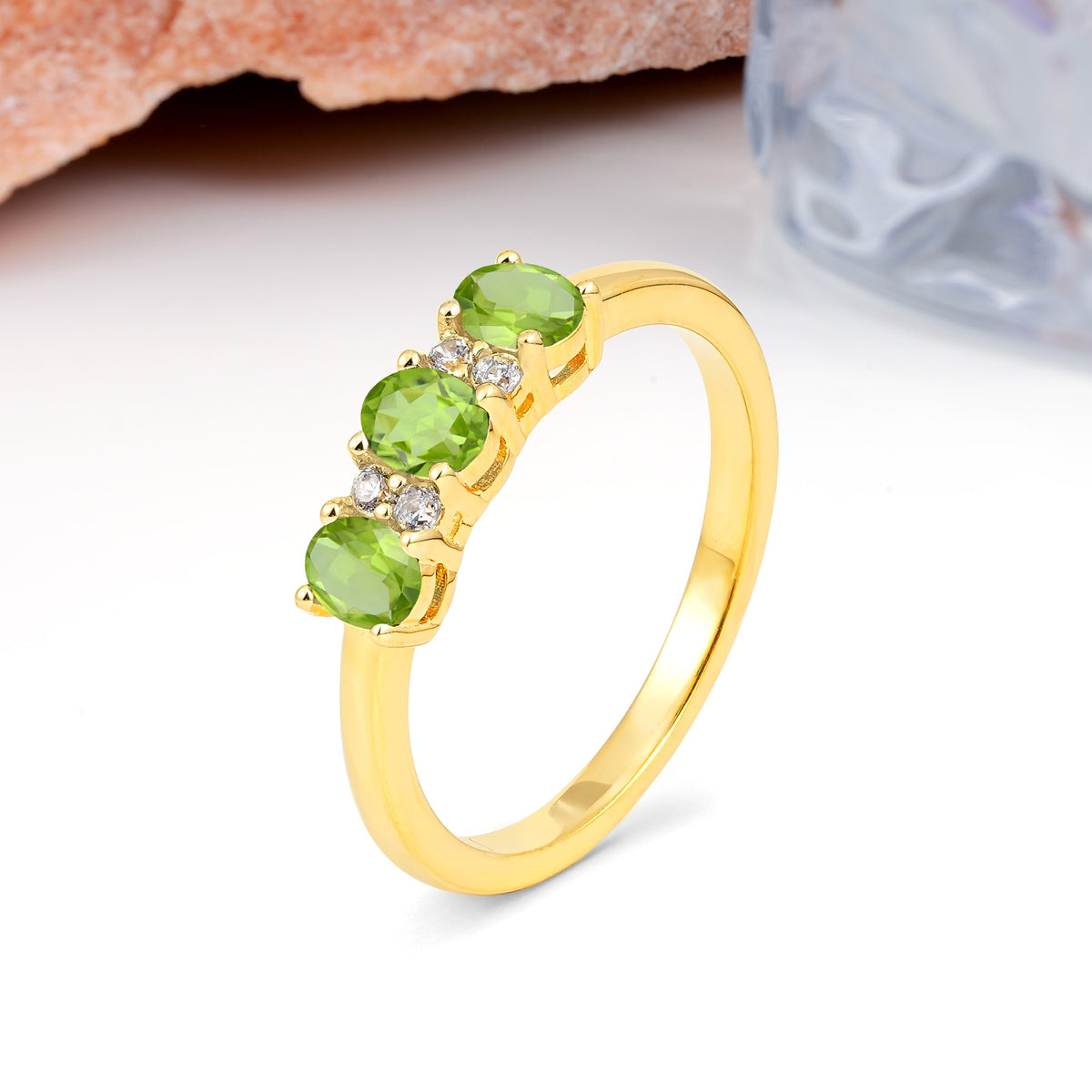 Unique Luxury 4 Prong Oval Cut Peridot Three stones Wedding Ring - Additional view