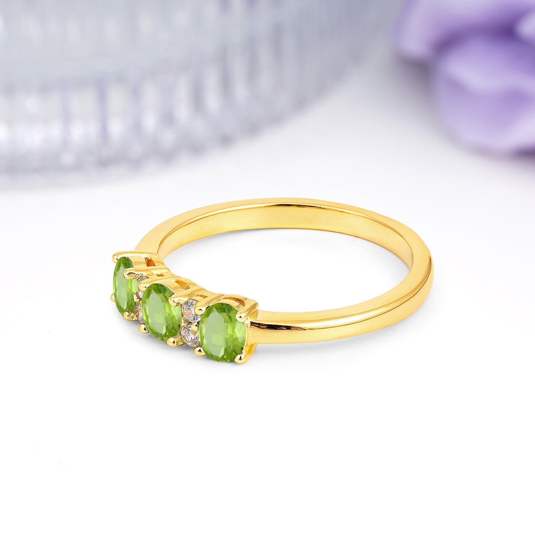 Unique Luxury 4 Prong Oval Cut Peridot Three stones Wedding Ring - Additional view