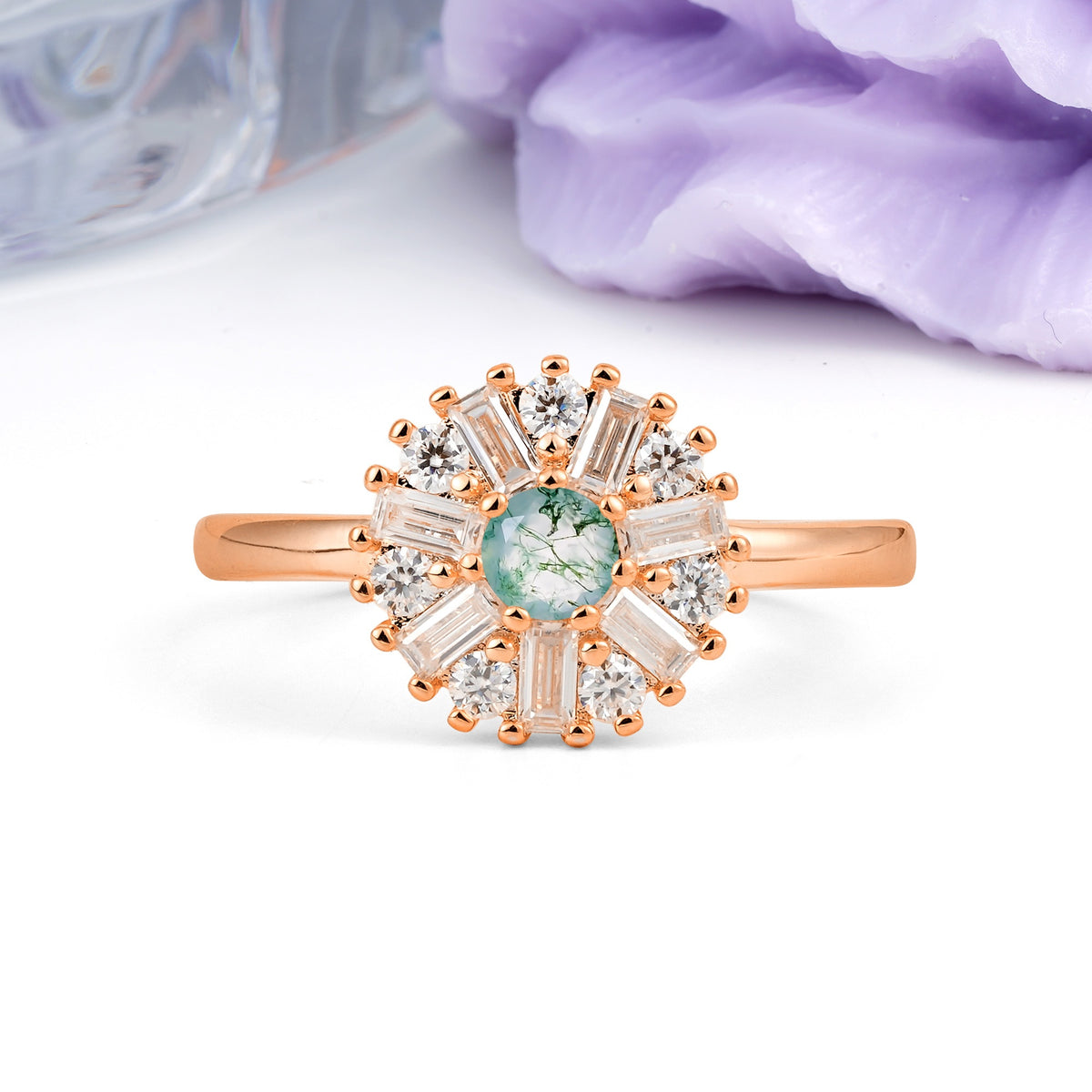 Classic Luxury 7-Prong Round Cut Moss Agate Engagement Ring - Additional view