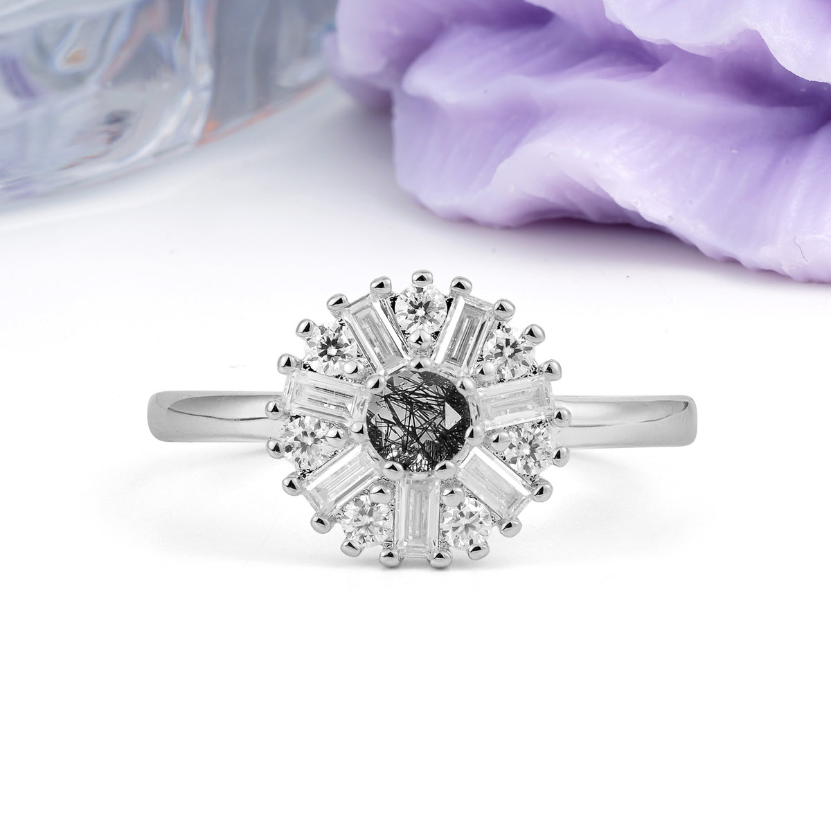 Classic Luxury 7-Prong Round Cut Black Rutilated Quartz Engagement Ring - Additional view