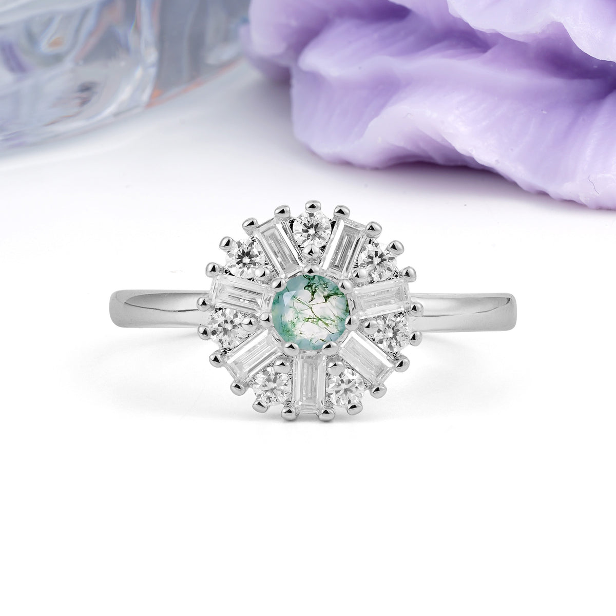 Classic Luxury 7-Prong Round Cut Moss Agate Engagement Ring - Additional view