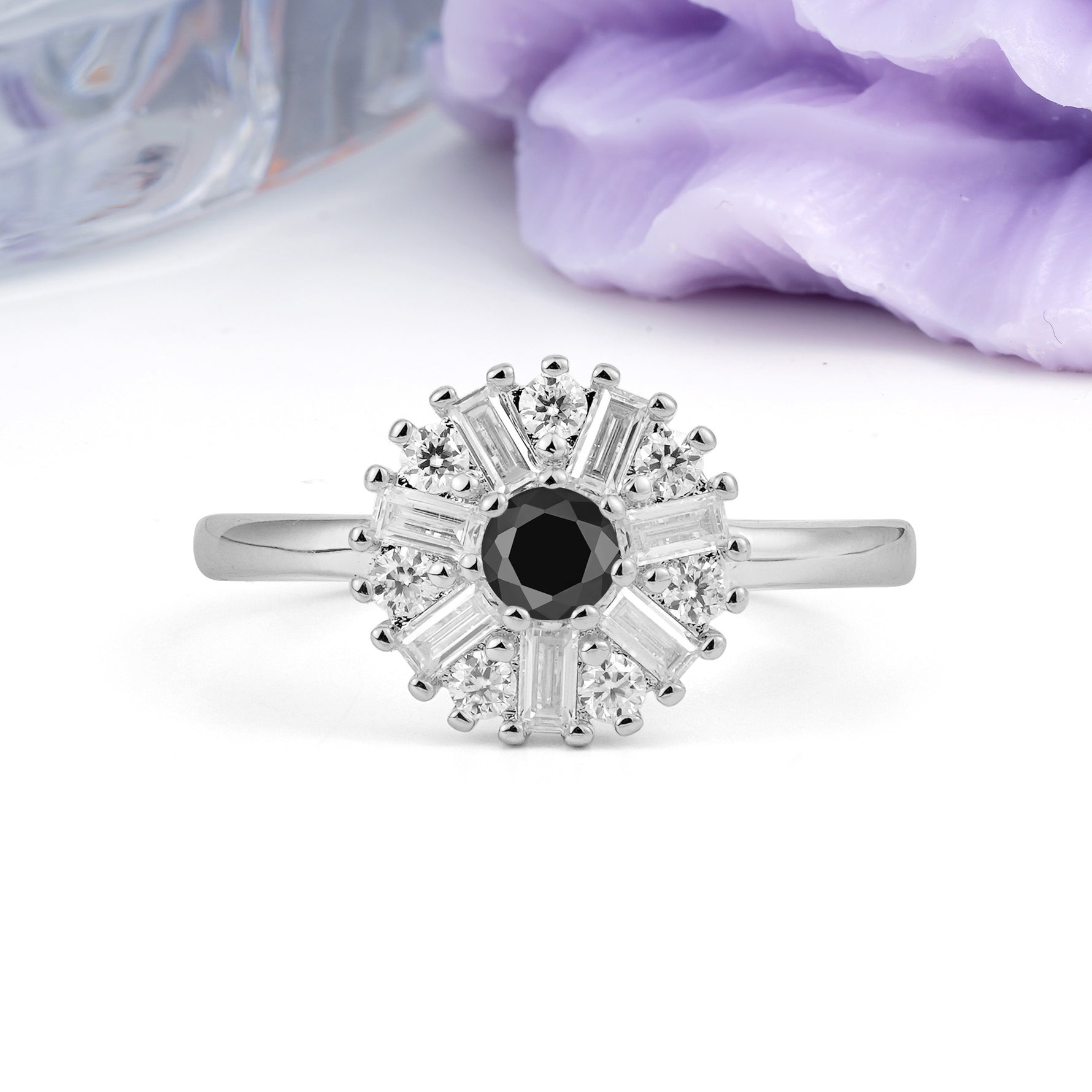 Classic Luxury 7-Prong Round Cut Black Onyx Engagement Ring - Additional view