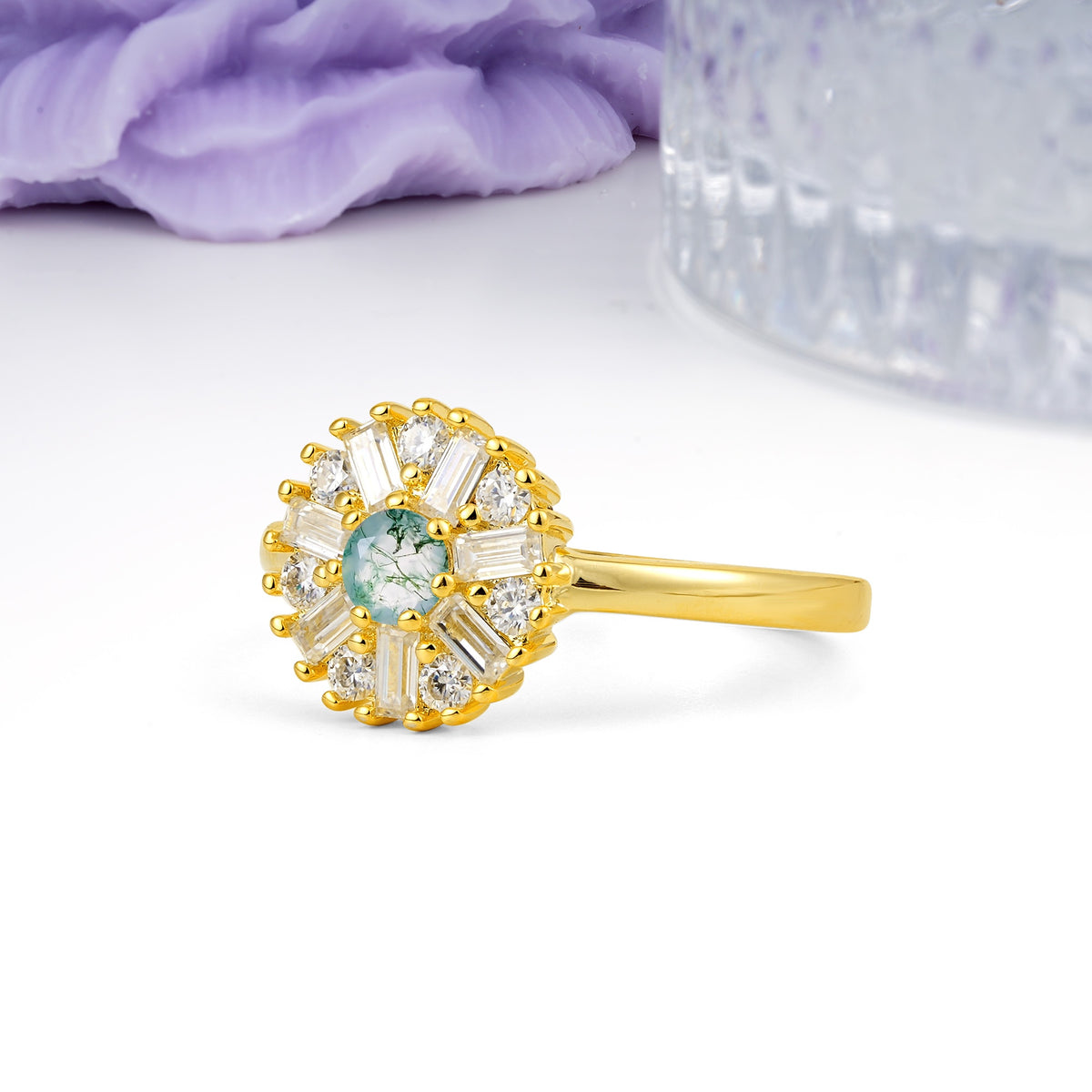 Classic Luxury 7-Prong Round Cut Moss Agate Engagement Ring - Additional view