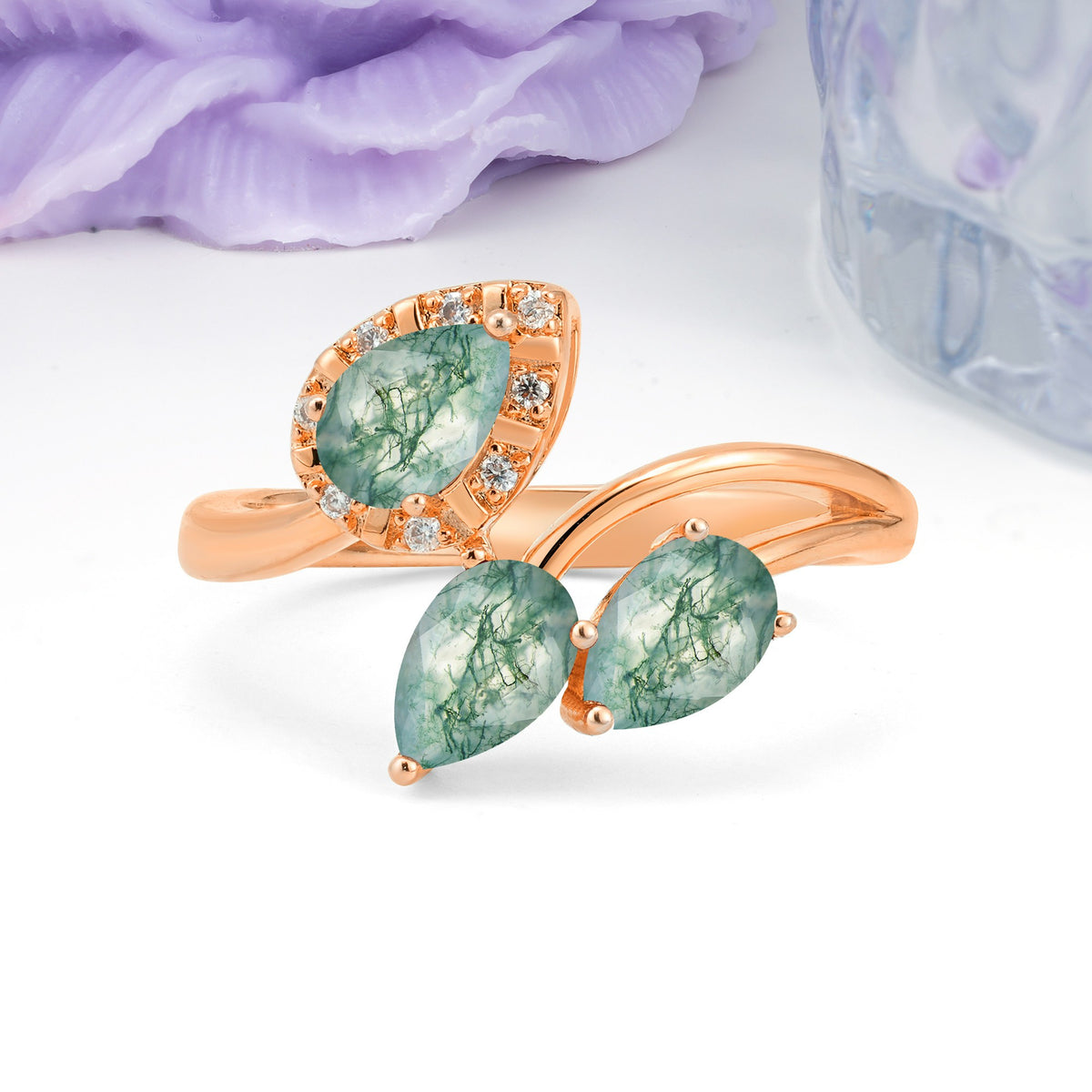 Captivating Pave Multi Pear Cut Twist Moss Agate Wedding Ring - Additional view