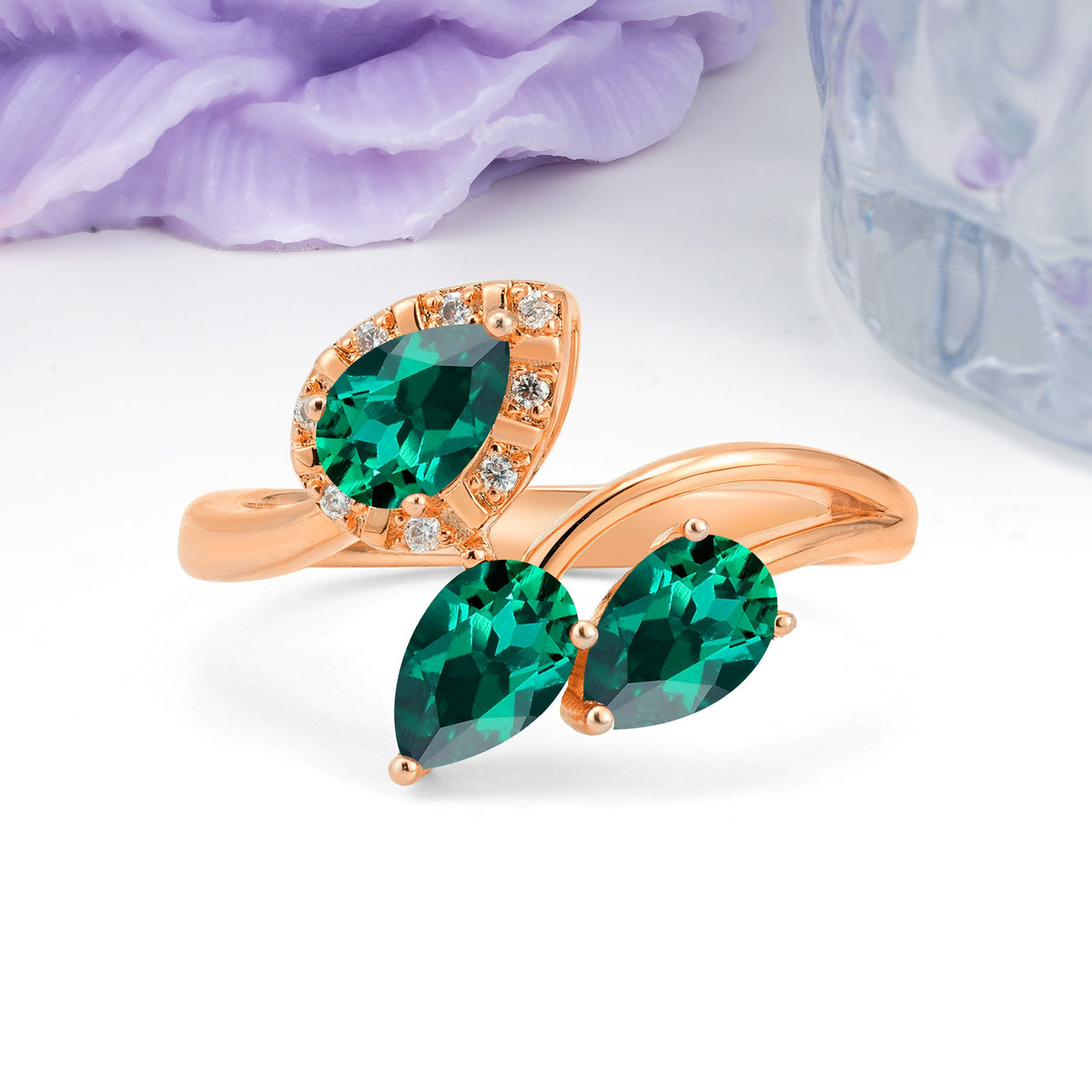 Captivating Pave Multi Pear Cut Twist Emerald Wedding Ring - Additional view