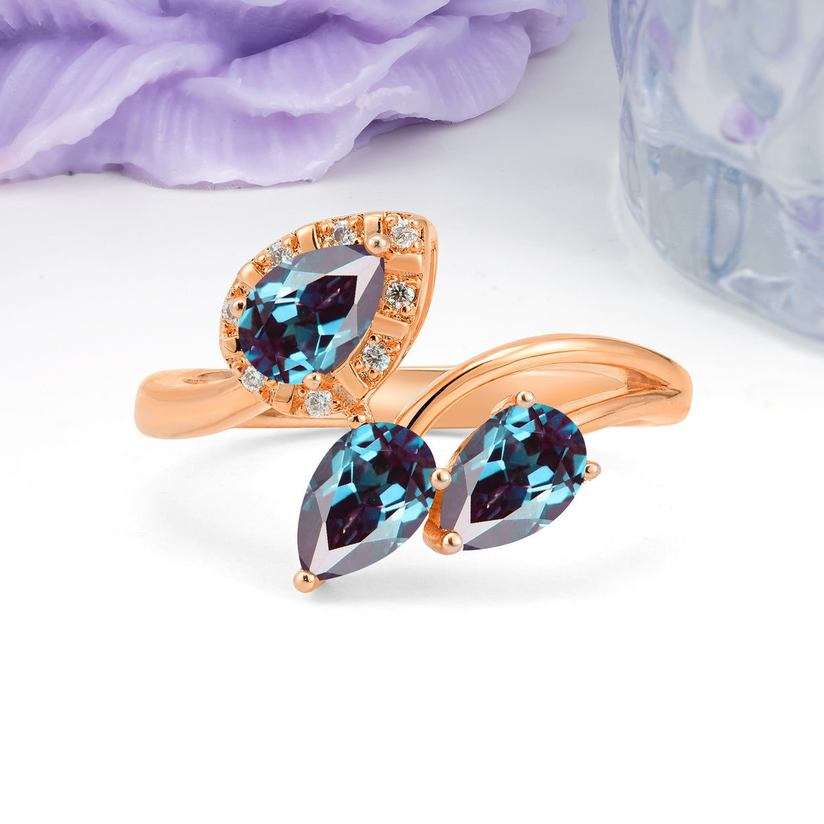 Captivating Pave Multi Pear Cut Twist Alexandrite Wedding Ring - Additional view