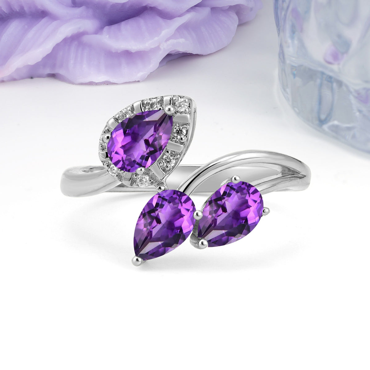Captivating Pave Multi Pear Cut Twist Amethyst Wedding Ring - Additional view