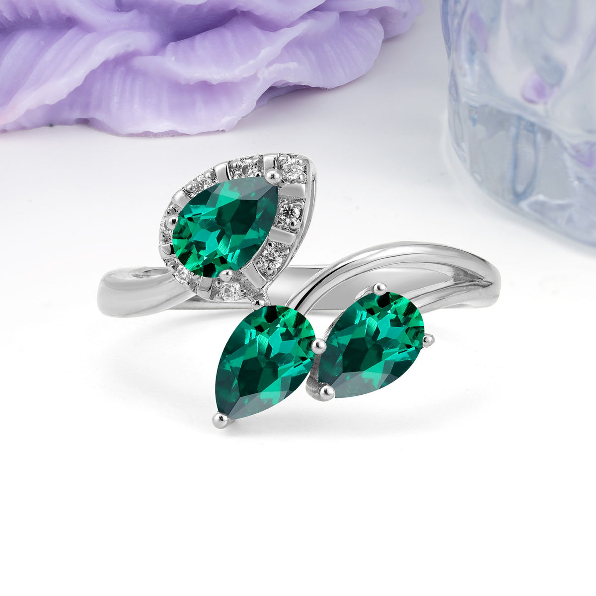 Captivating Pave Multi Pear Cut Twist Emerald Wedding Ring - Additional view