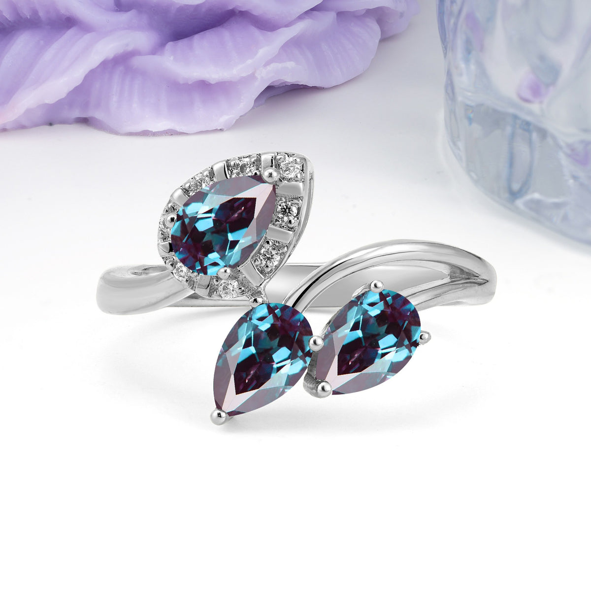 Captivating Pave Multi Pear Cut Twist Alexandrite Wedding Ring - Additional view