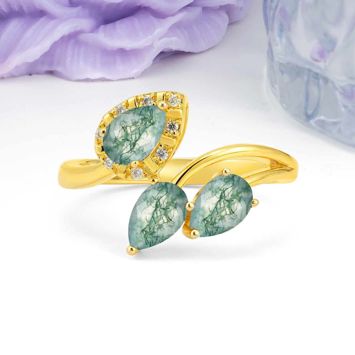Captivating Pave Multi Pear Cut Twist Moss Agate Wedding Ring - Additional view