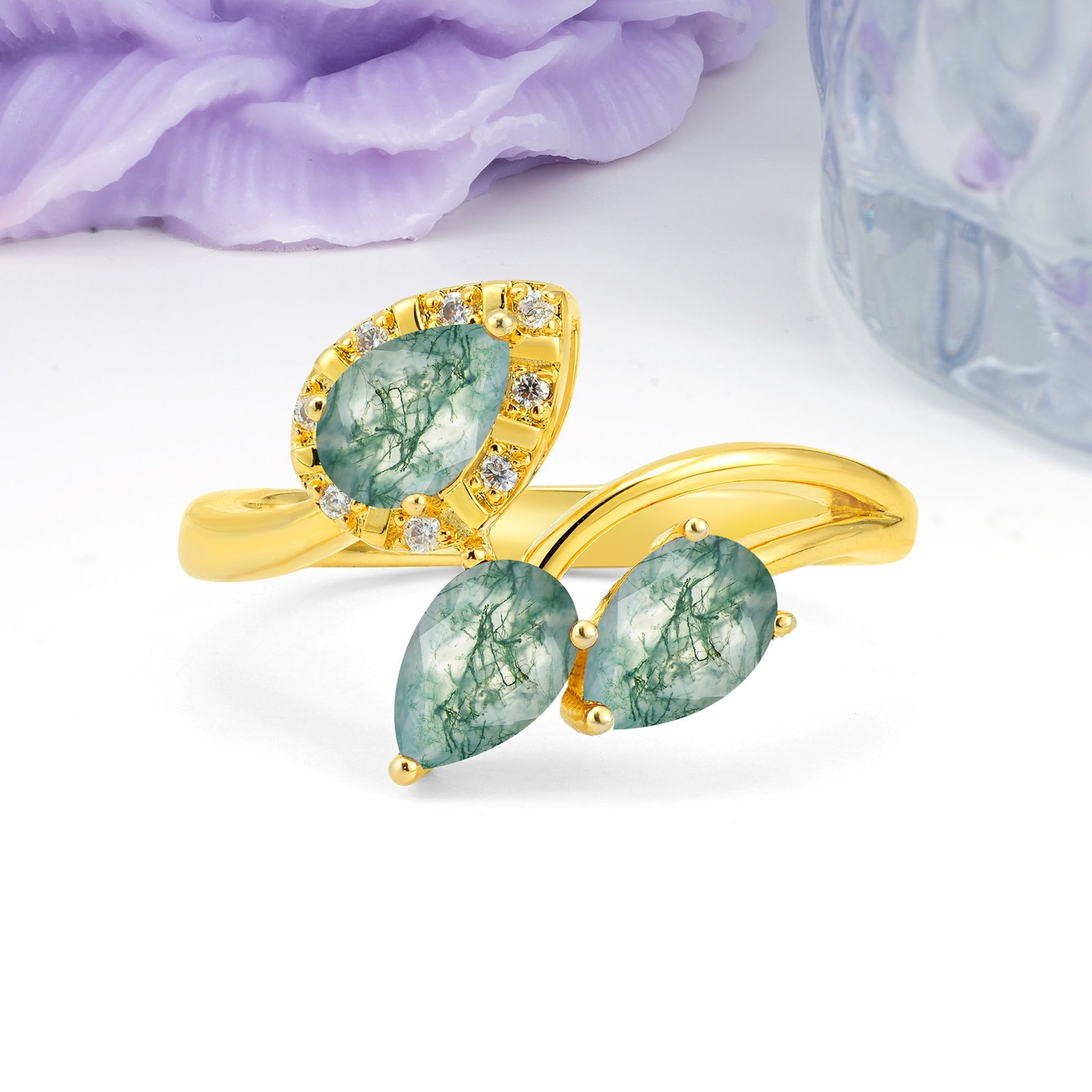 Captivating Pave Multi Pear Cut Twist Moss Agate Wedding Ring - Additional view
