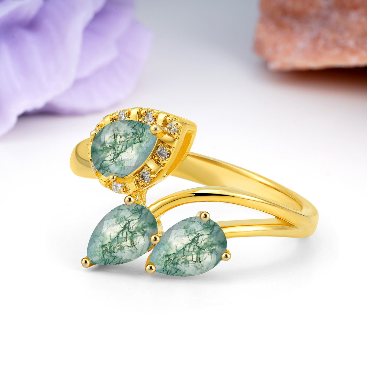 Captivating Pave Multi Pear Cut Twist Moss Agate Wedding Ring - Additional view