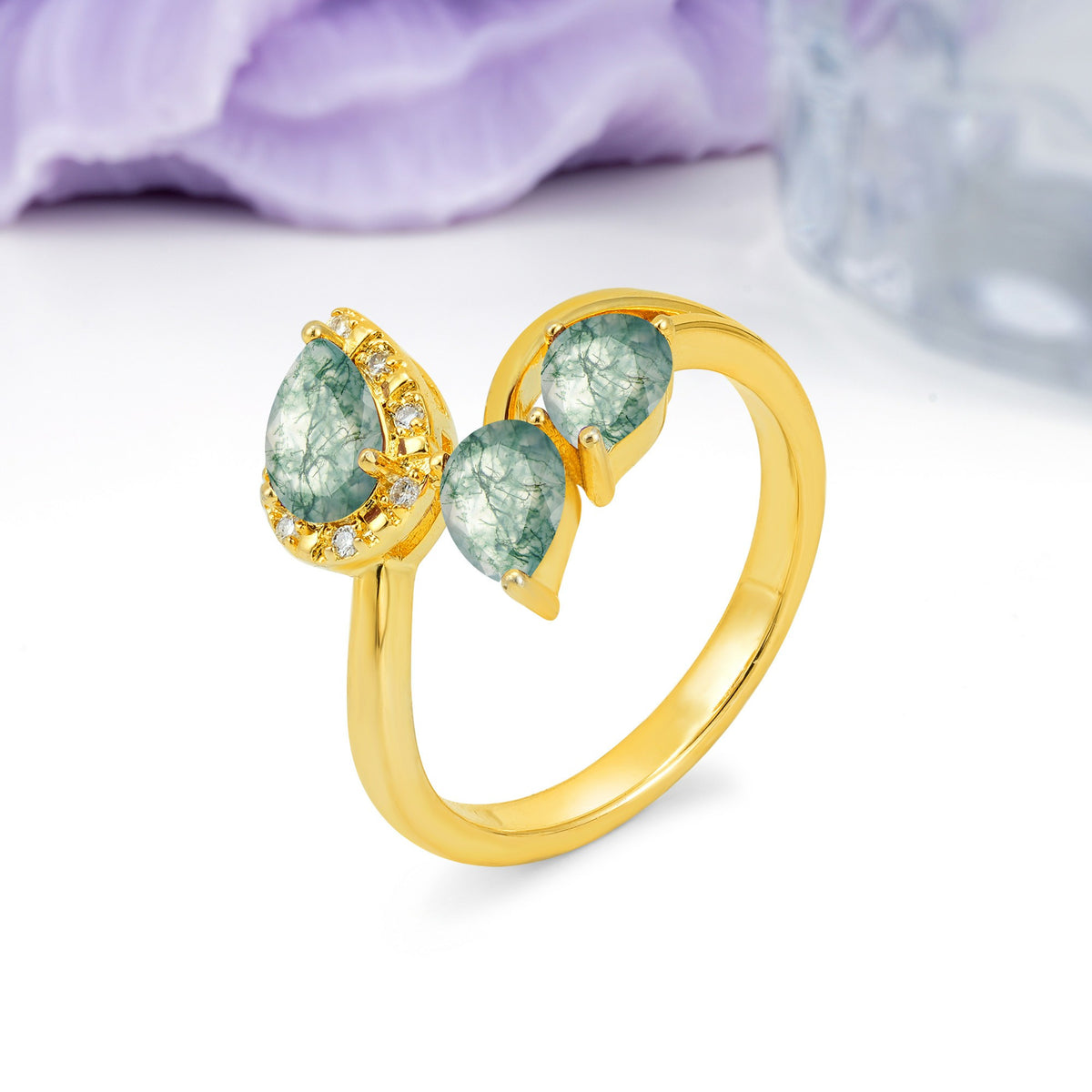 Captivating Pave Multi Pear Cut Twist Moss Agate Wedding Ring - Additional view