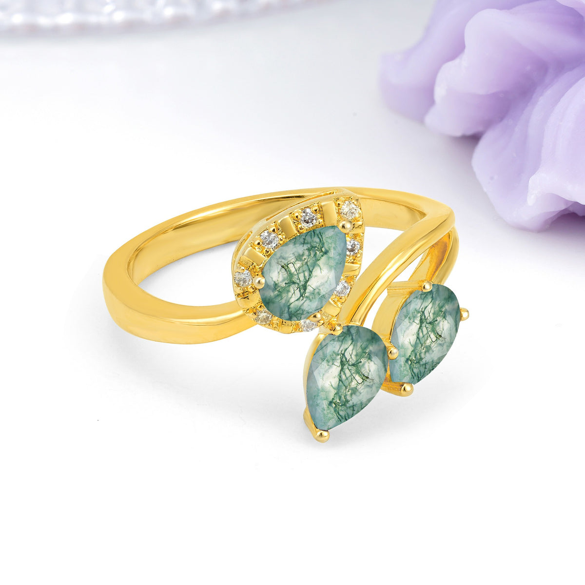 Captivating Pave Multi Pear Cut Twist Moss Agate Wedding Ring - Additional view