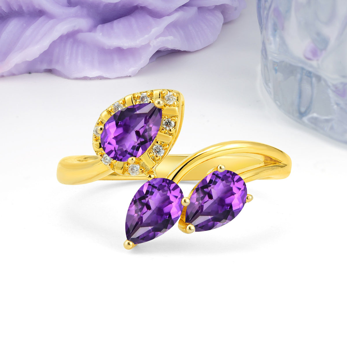 Captivating Pave Multi Pear Cut Twist Amethyst Wedding Ring - Additional view