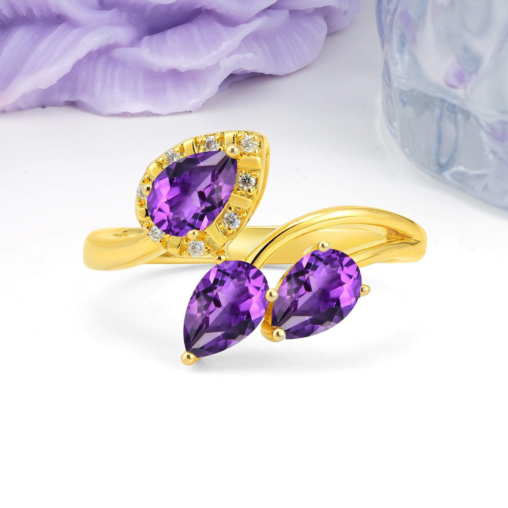 Captivating Pave Multi Pear Cut Twist Amethyst Wedding Ring - Additional view