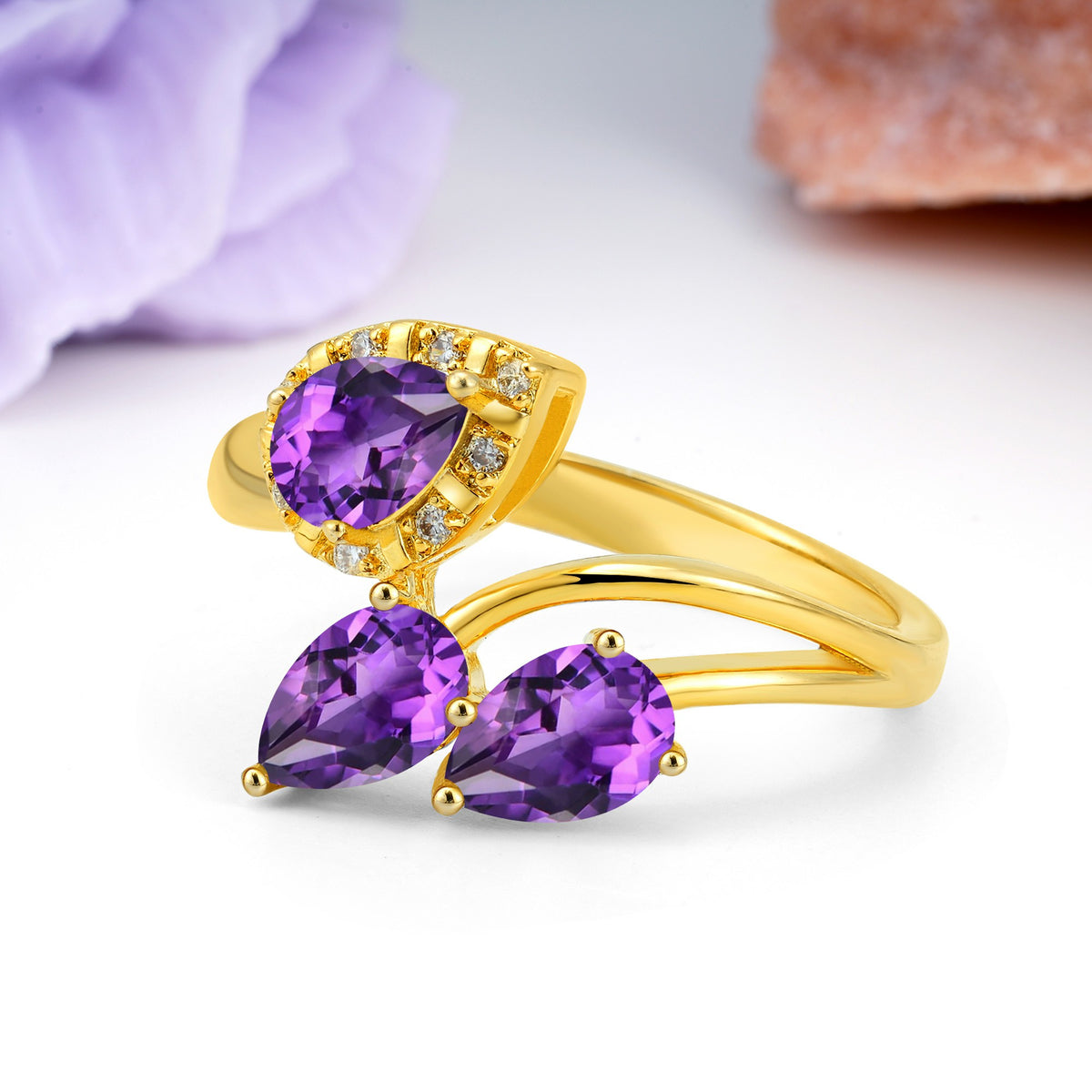 Captivating Pave Multi Pear Cut Twist Amethyst Wedding Ring - Additional view