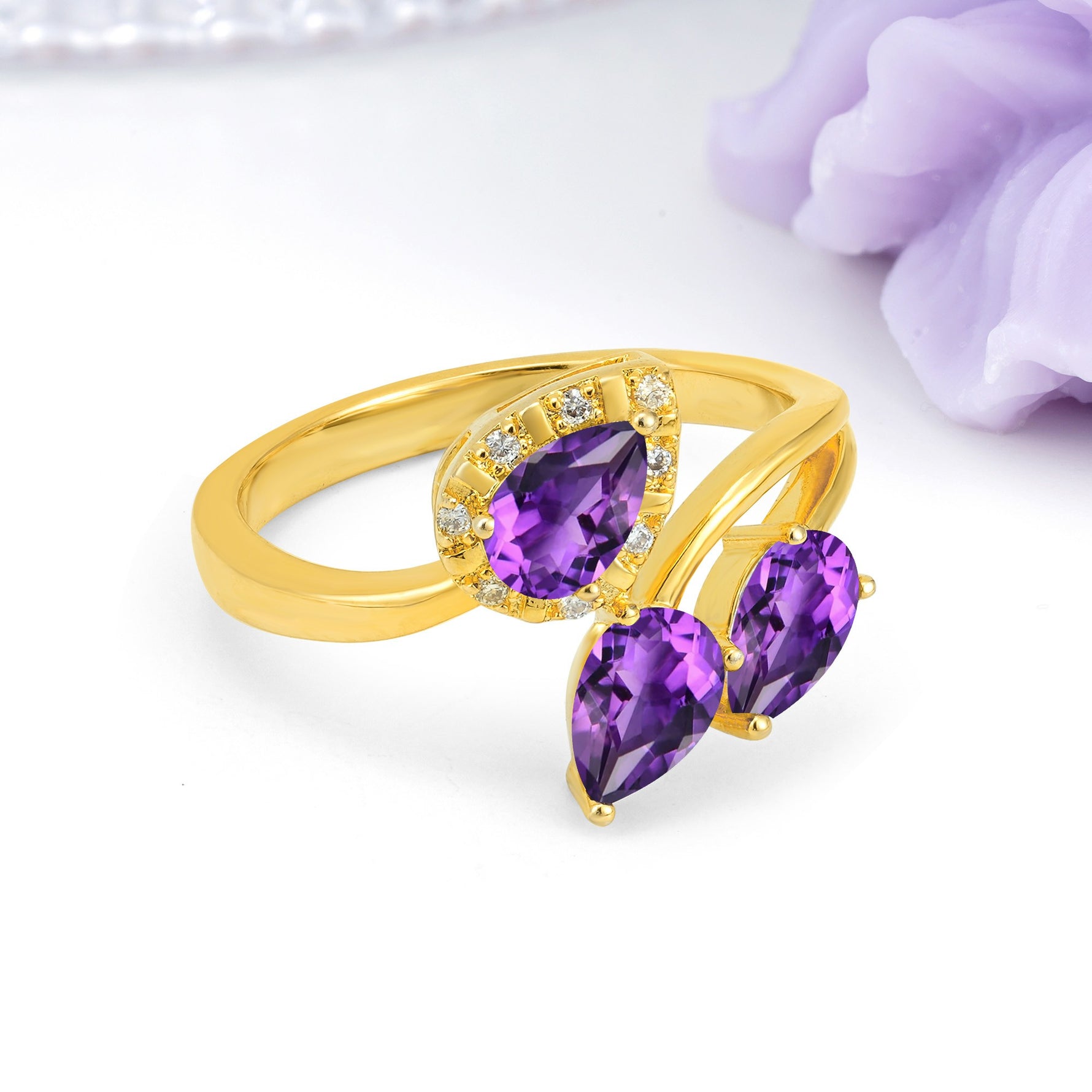 Captivating Pave Multi Pear Cut Twist Amethyst Wedding Ring - Additional view