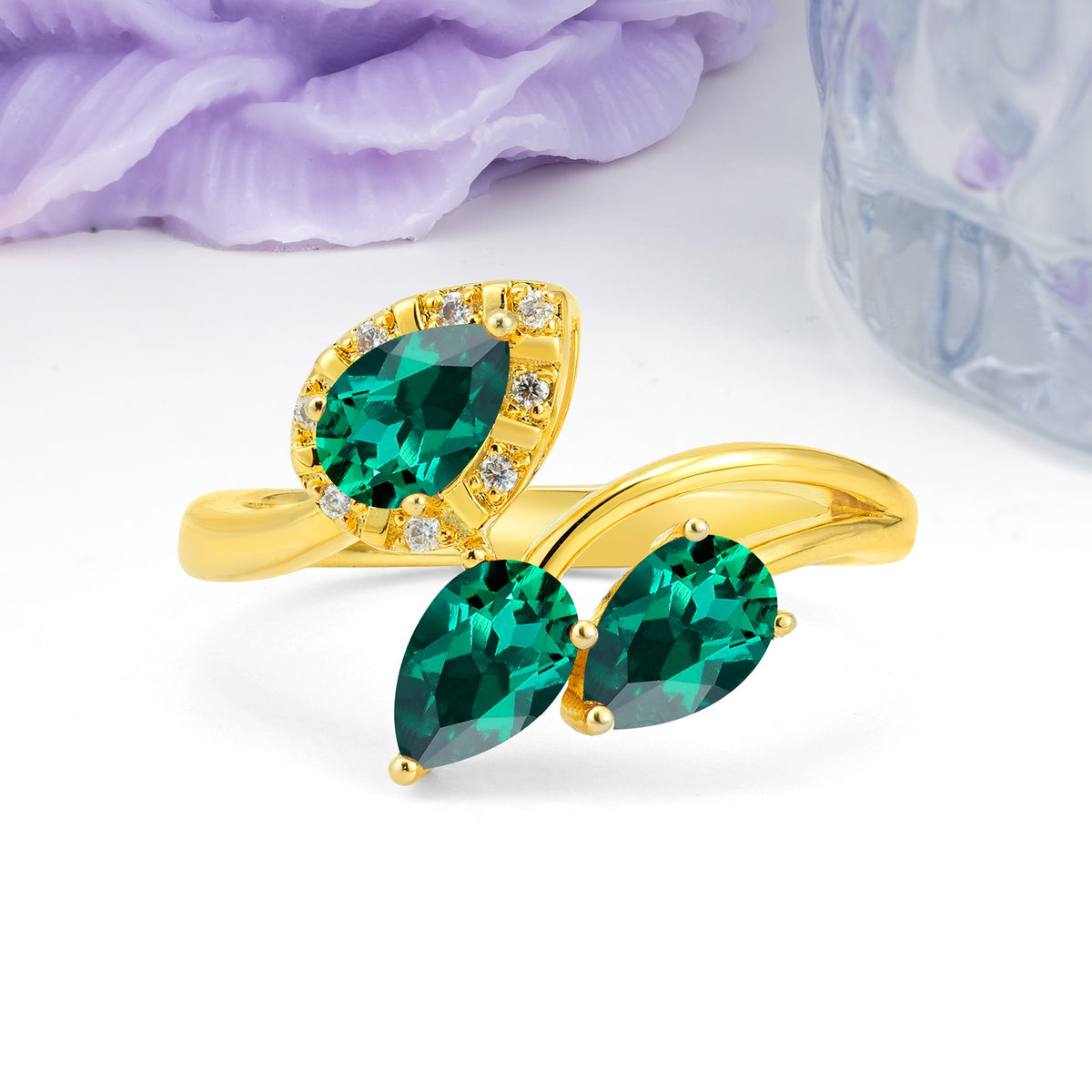 Captivating Pave Multi Pear Cut Twist Emerald Wedding Ring - Additional view