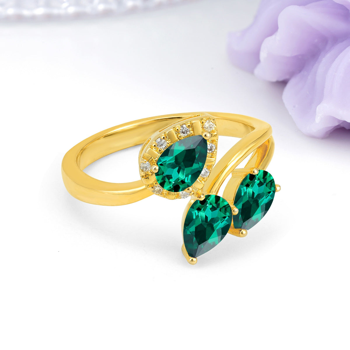 Captivating Pave Multi Pear Cut Twist Emerald Wedding Ring - Additional view