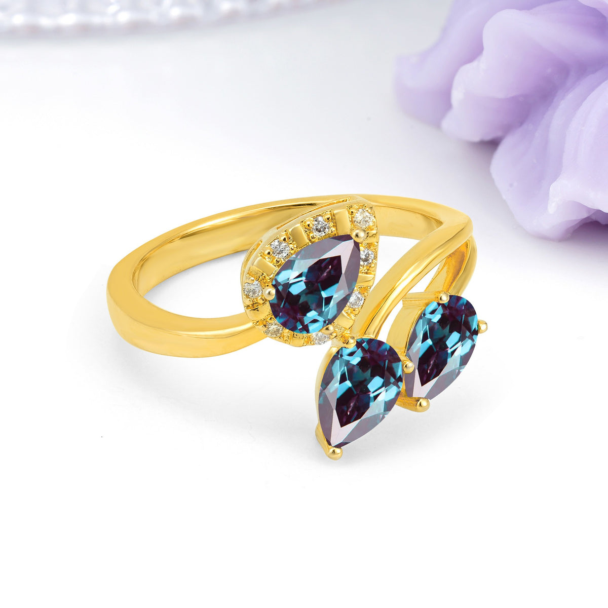 Captivating Pave Multi Pear Cut Twist Alexandrite Wedding Ring - Additional view