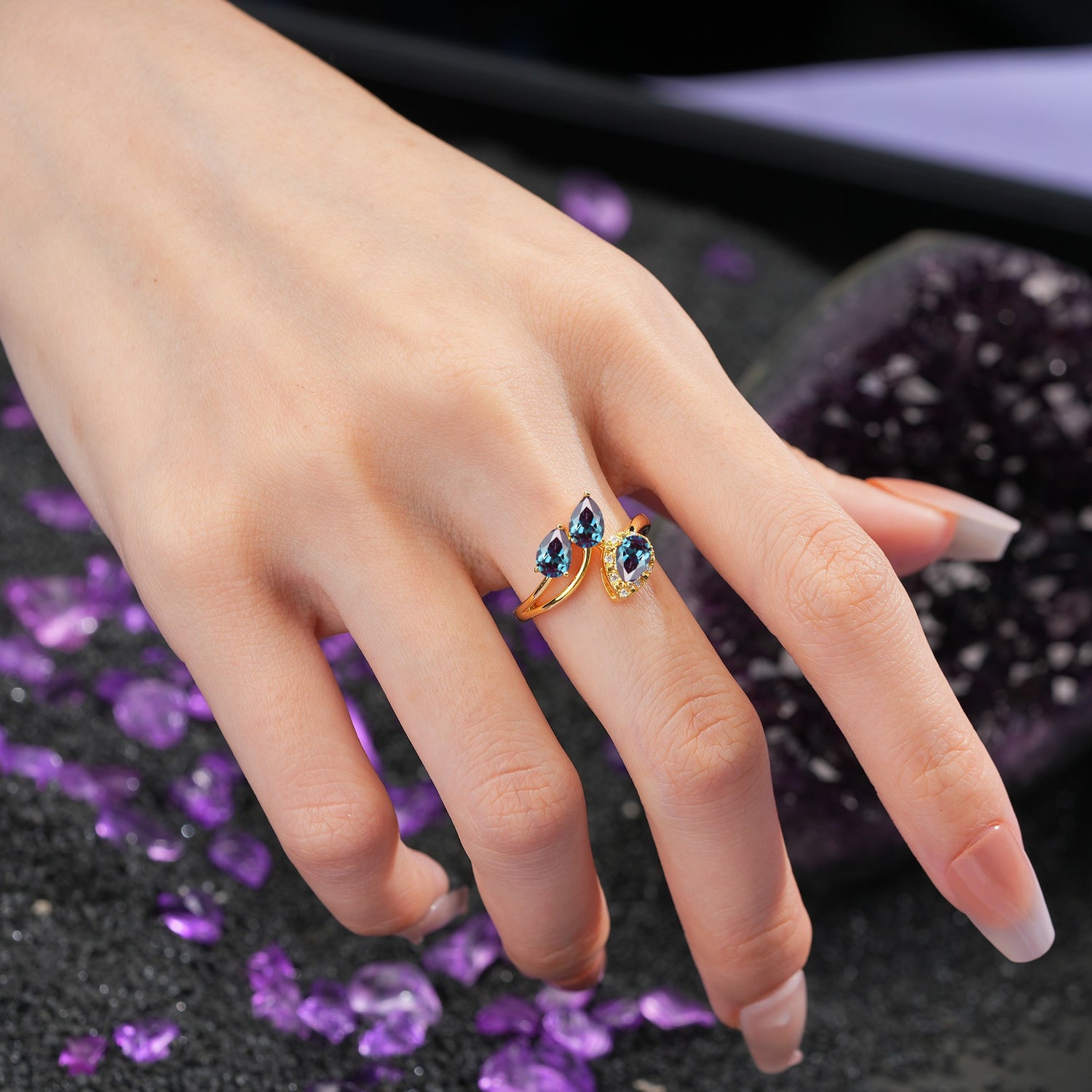 Captivating Pave Multi Pear Cut Twist Alexandrite Wedding Ring - Additional view