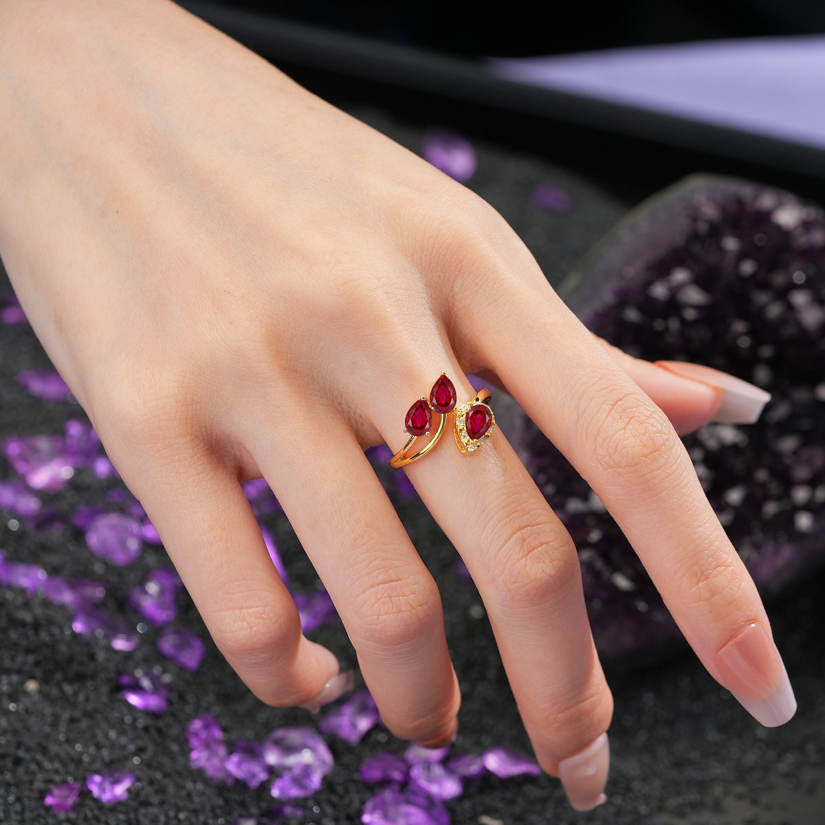 Captivating Pave Multi Pear Cut Twist Ruby Wedding Ring - Additional view