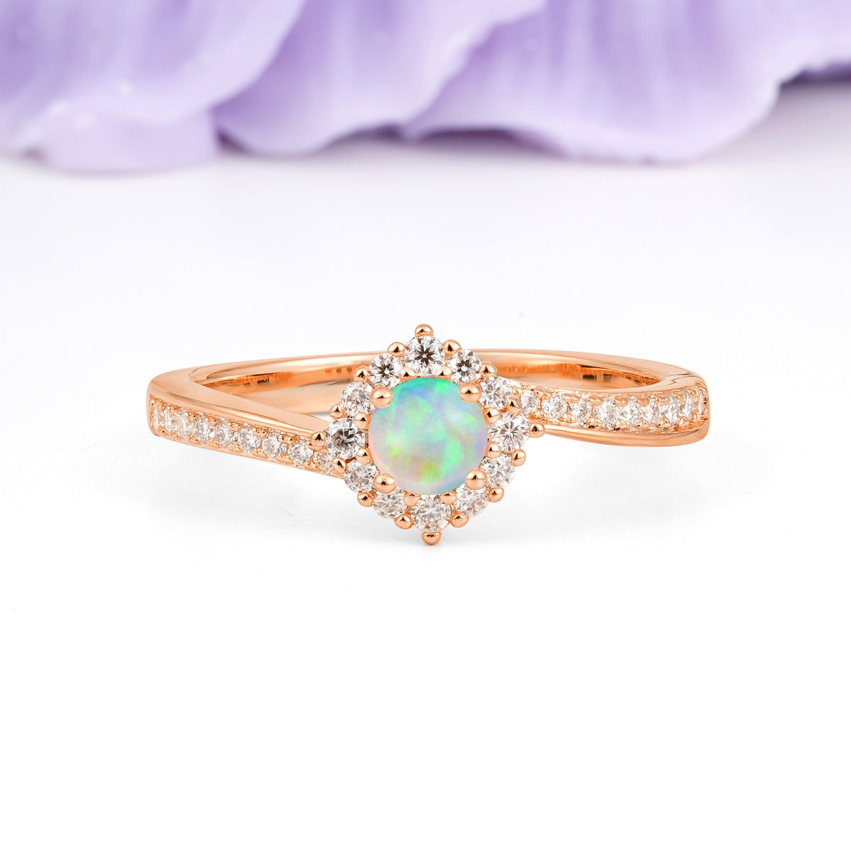 Classic Pavé-Set, Luxurious 4-Prong Round Cut Fire Opal Engagement Ring - Additional view