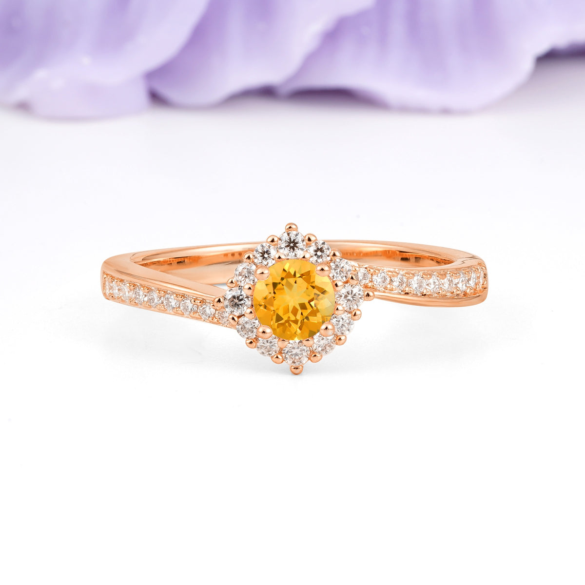 Classic Pavé-Set, Luxurious 4-Prong Round Cut Citrine Engagement Ring - Additional view