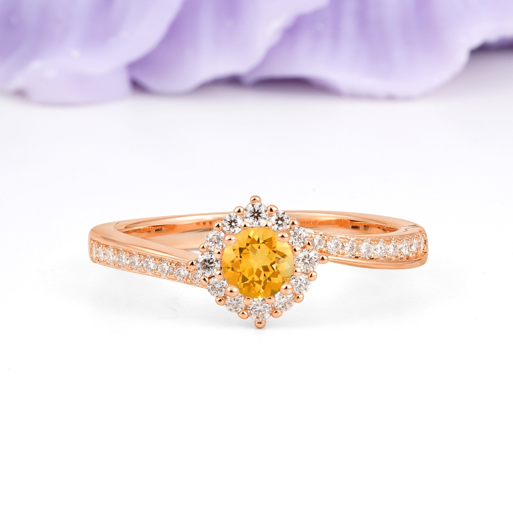 Classic Pavé-Set, Luxurious 4-Prong Round Cut Citrine Engagement Ring - Additional view