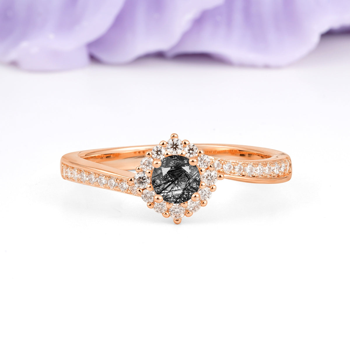 Classic Pavé-Set, Luxurious 4-Prong Round Cut Black Rutilated Quartz Engagement Ring - Additional view