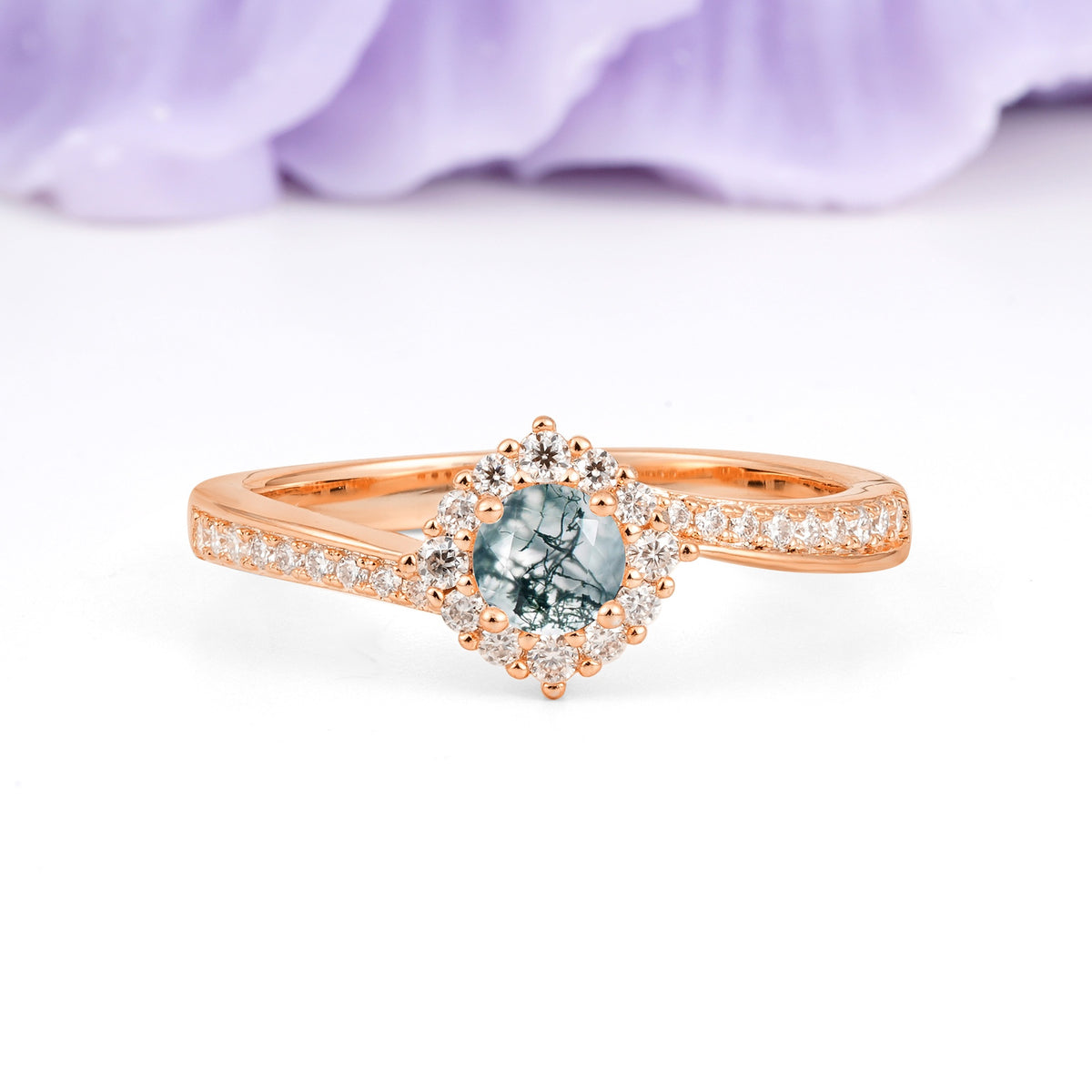 Classic Pavé-Set, Luxurious 4-Prong Round Cut Moss Agate Engagement Ring - Additional view