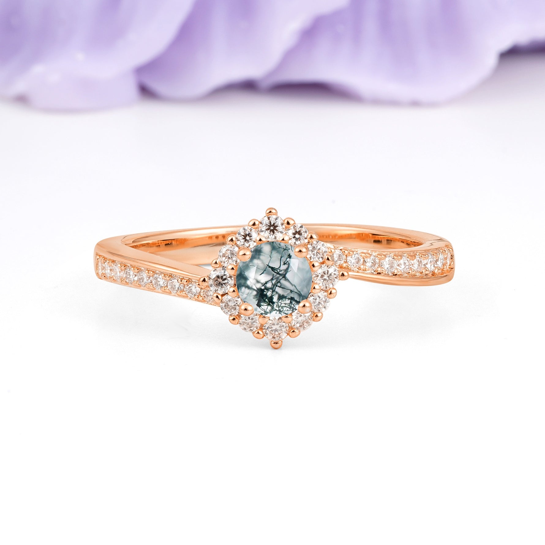 Classic Pavé-Set, Luxurious 4-Prong Round Cut Moss Agate Engagement Ring - Additional view