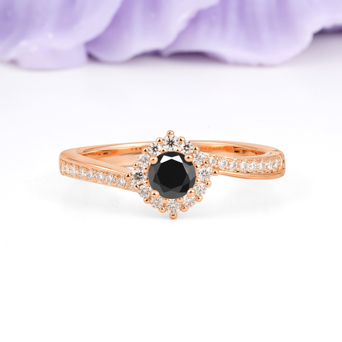 Classic Pavé-Set, Luxurious 4-Prong Round Cut Black Onyx Engagement Ring - Additional view