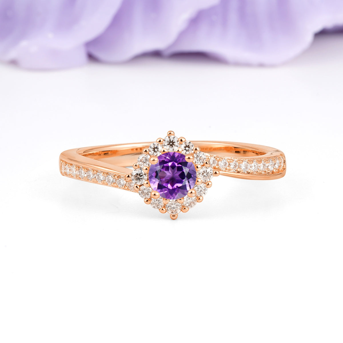 Classic Pavé-Set, Luxurious 4-Prong Round Cut Amethyst Engagement Ring - Additional view