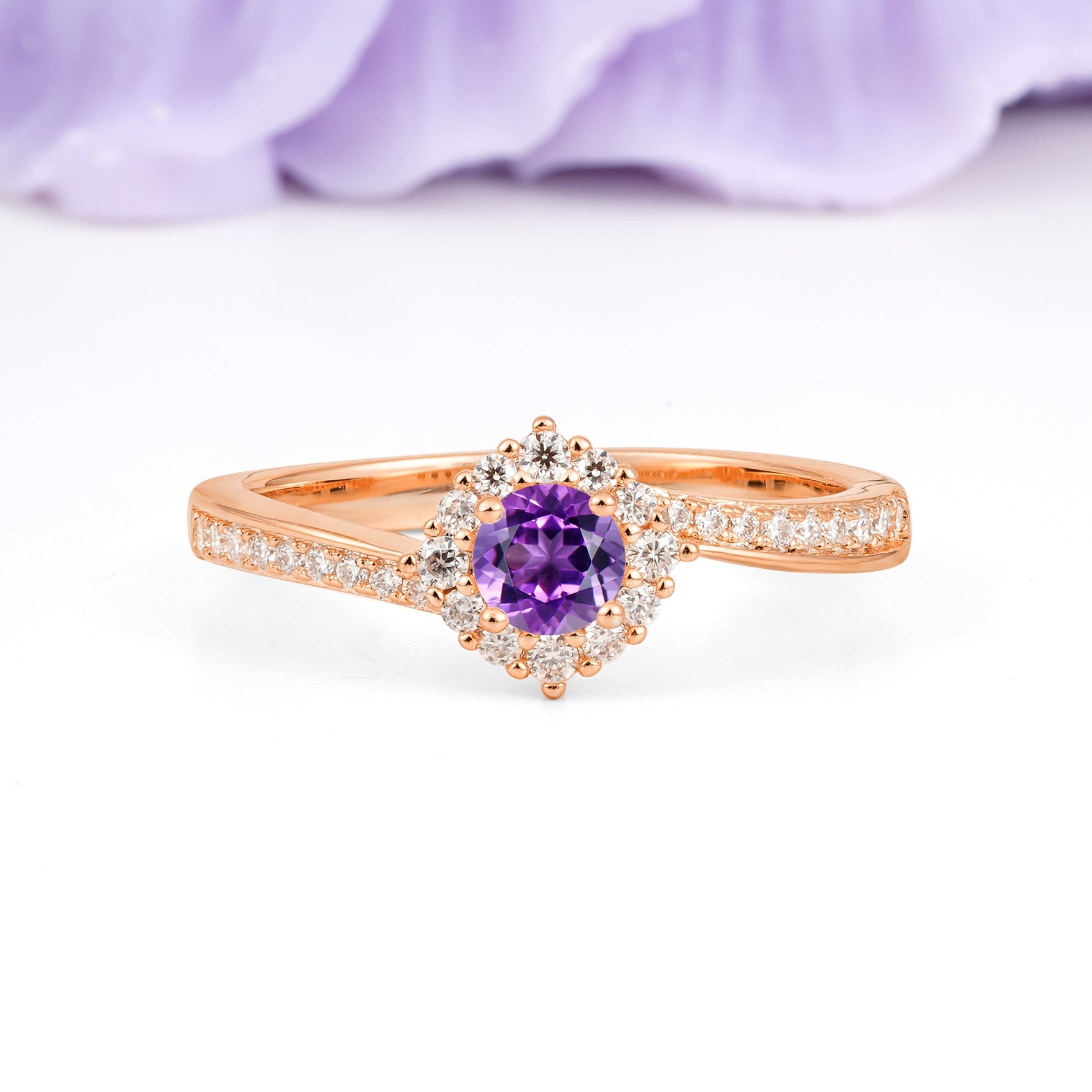 Classic Pavé-Set, Luxurious 4-Prong Round Cut Amethyst Engagement Ring - Additional view